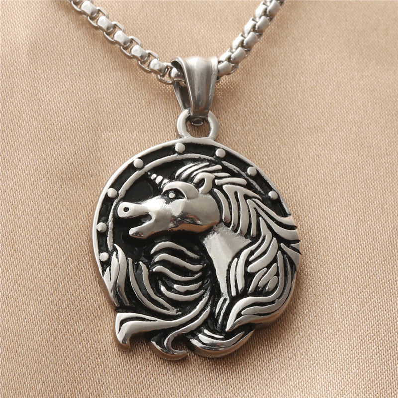 Titanium Steel Unicorn Pendant Necklace for Men - Retro Punk Stainless Steel Horse Design
