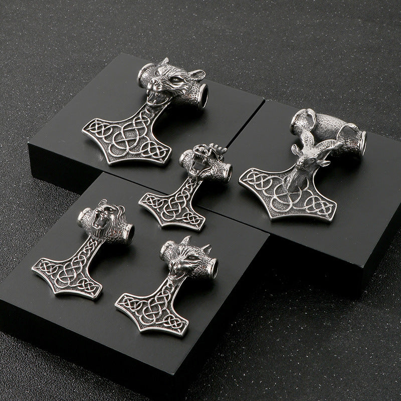 Retro Animal Pendant, Nordic Viking Wolf Head, Lion Head, Goat, Thor'S Hammer, Titanium Necklace