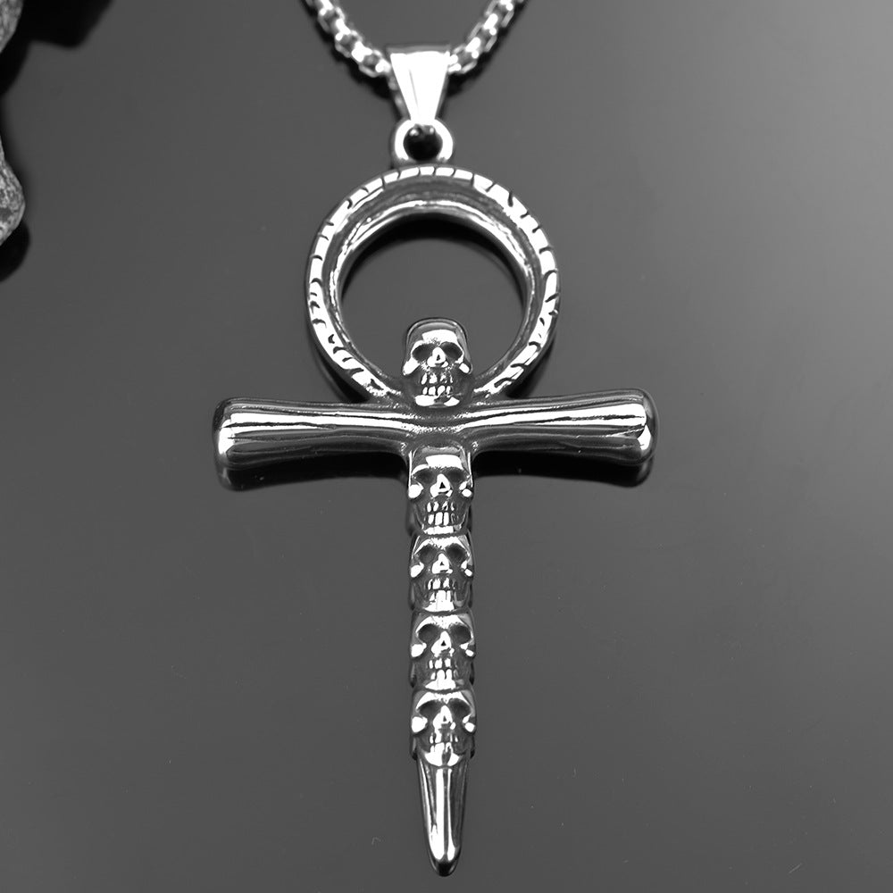 Vintage Men's Jewelry Stainless Steel Skull Cross Pendant Necklace
