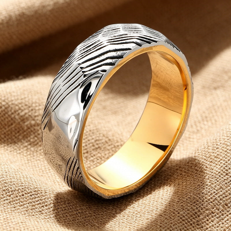 Trendy Retro Wavy Ring, Damascus Leather Steel Ring Stainless Steel Men's