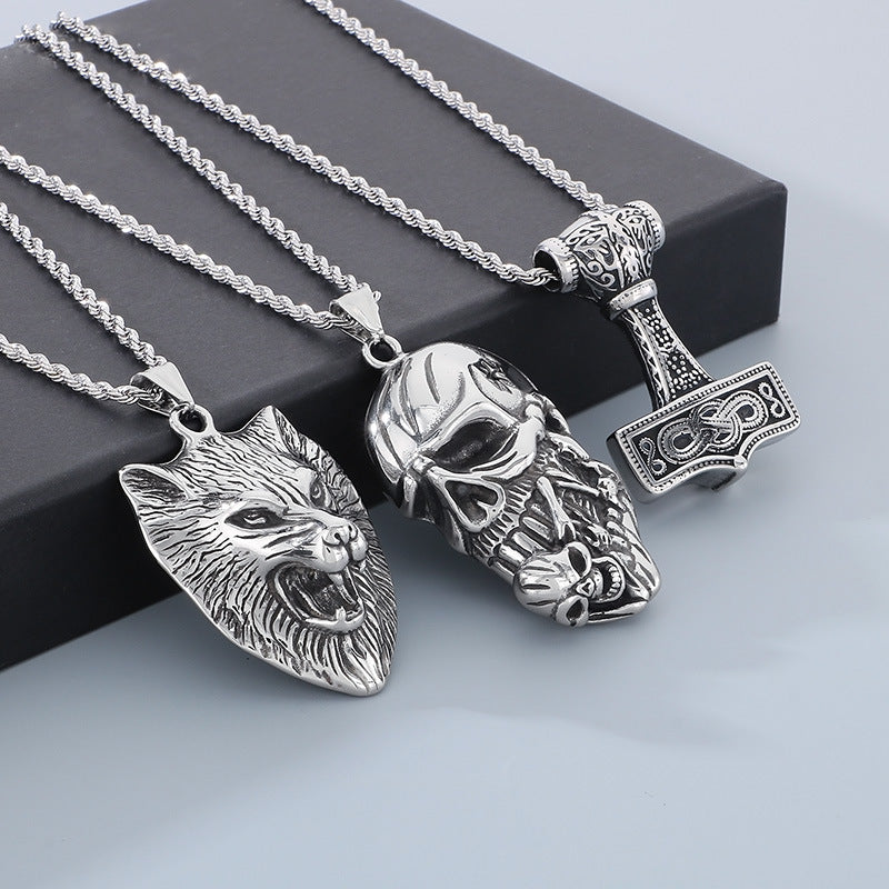 Planderful Thor Hammer Pendant Titanium Wolf Head Bold Men