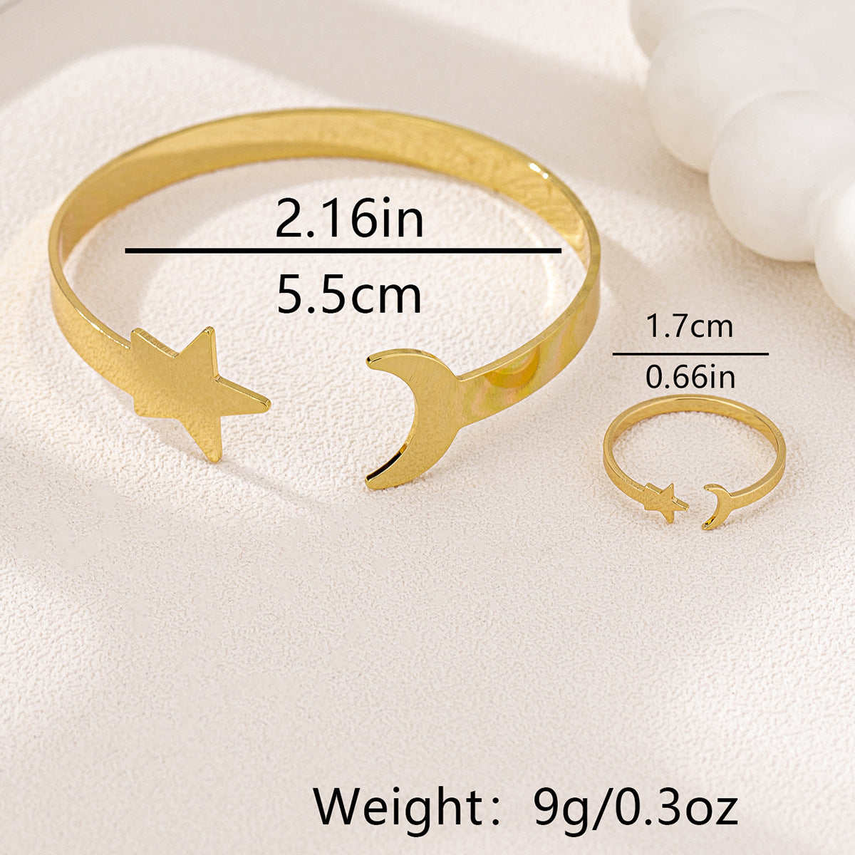Stylish Metal Star Moon Bracelet and Ring Set for Women