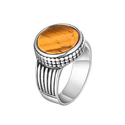Stainless Steel Ring Square Glass Stone Oval Natural Tiger's Eye Agate