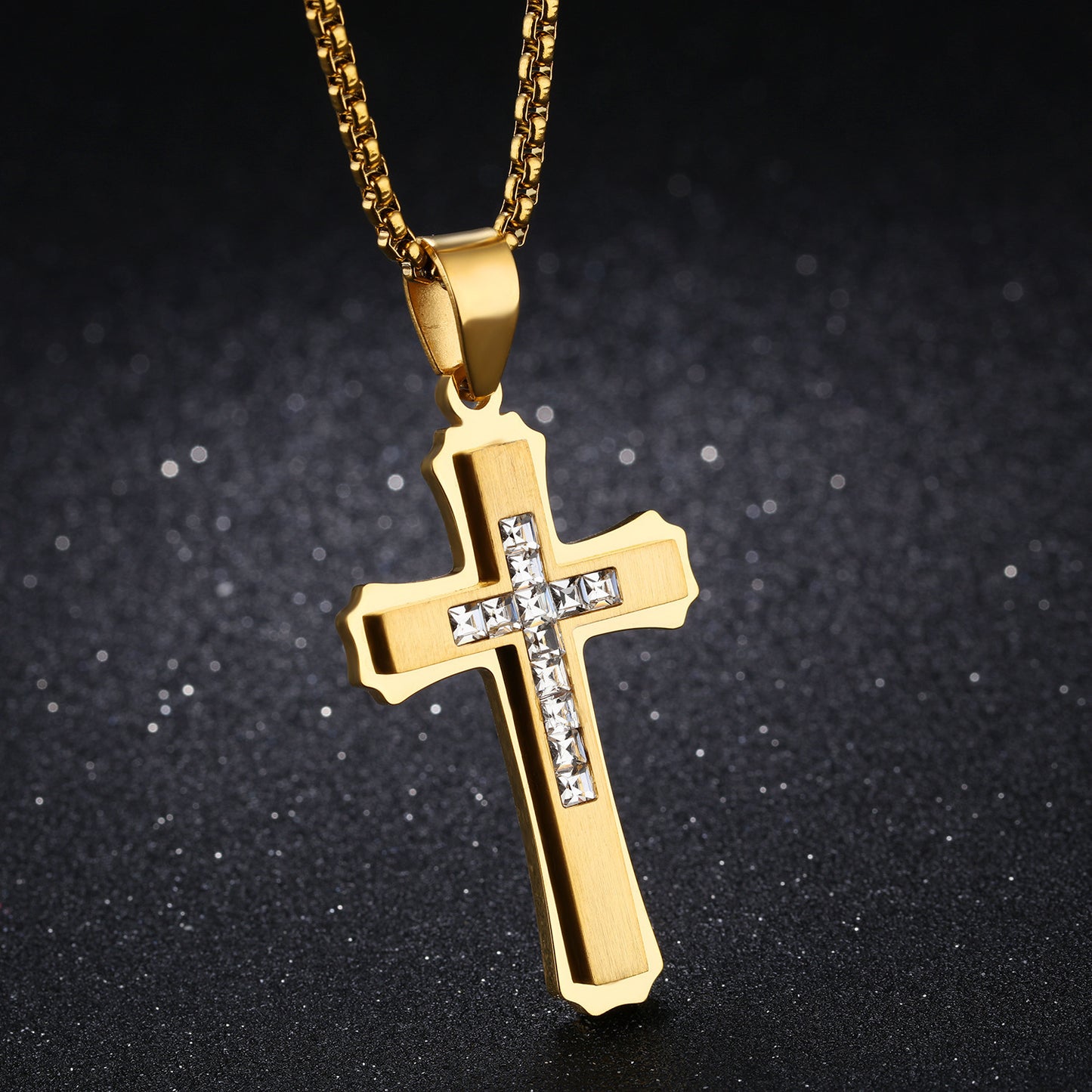 Planderful Titanium Steel Cross Pendant Necklace For Men, Double Layer 3D Punk Style