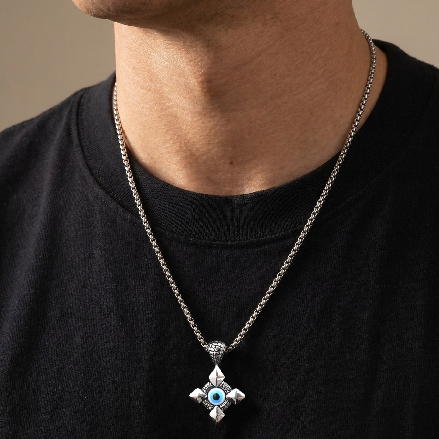 Stainless Steel Devil's Eye Cross Male Wave Pendant Necklace