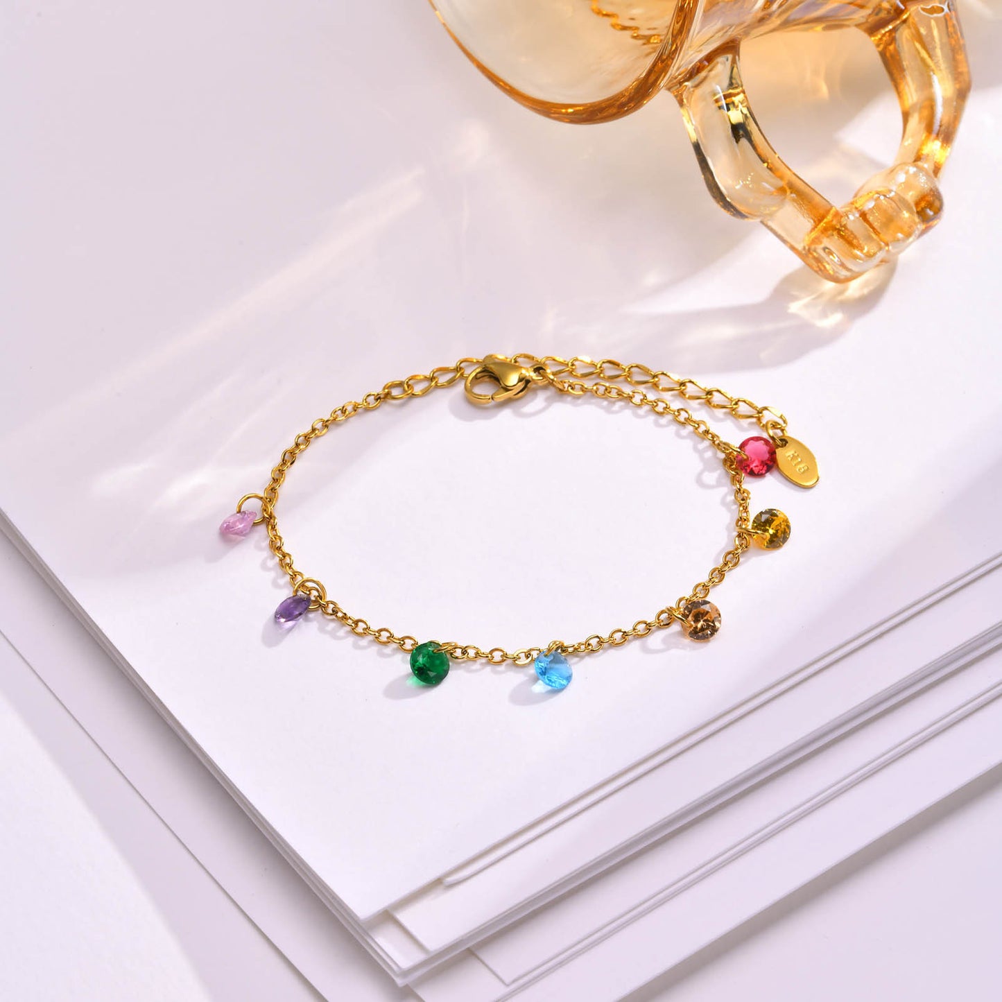 Cross-Border Niche Jewelry Wholesale Stainless Steel Dream Girl Flat Cross Chain 7 Colored Zircon Bracelet