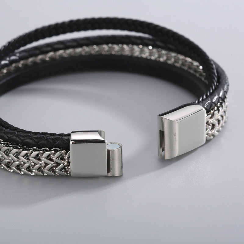 Planderful Men Titanium Steel Chain Cowhide Bracelet Genie