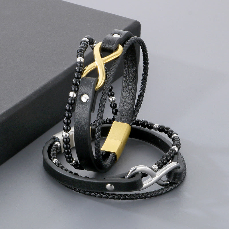 Multi-Layer Woven Leather Rope Men's Bracelet – Titanium Steel Figure-Eight Infinity