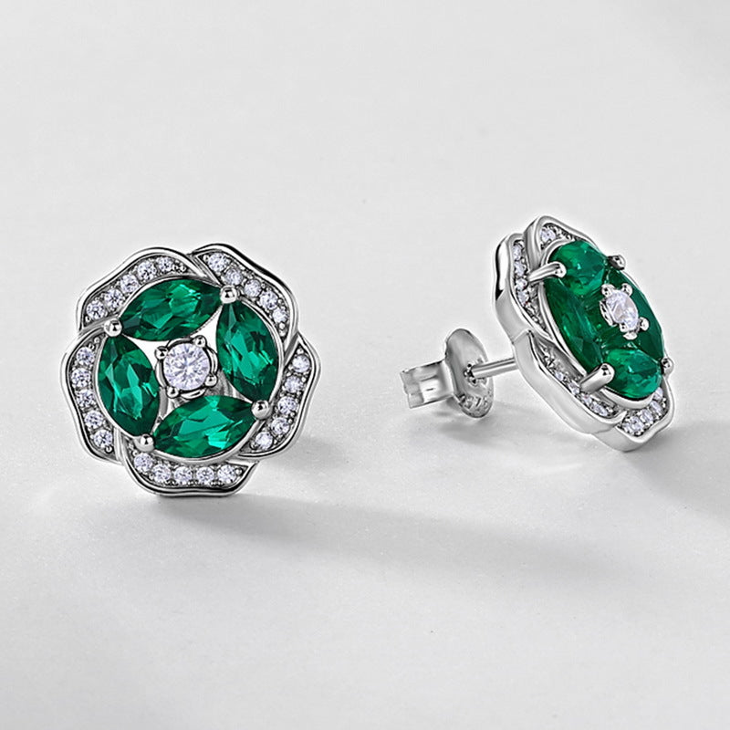 S925 Sterling Silver Lab-Grown Emerald Flower Stud Earrings