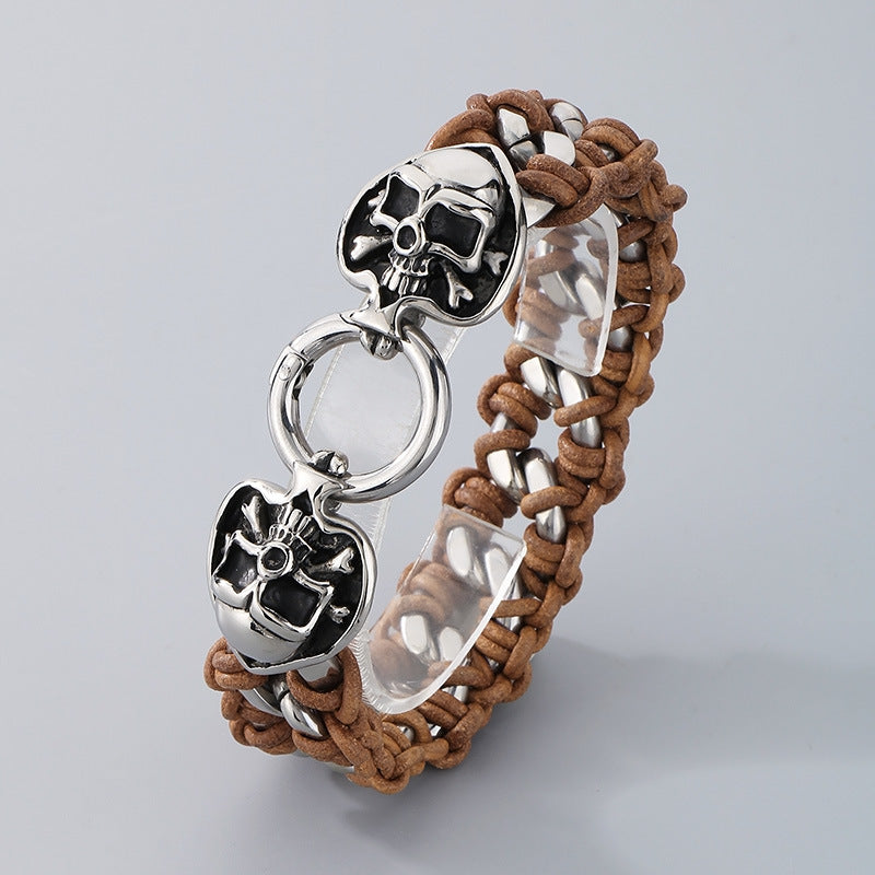 Planderful Mens Woven Leather Skull Bracelet Dragon Head