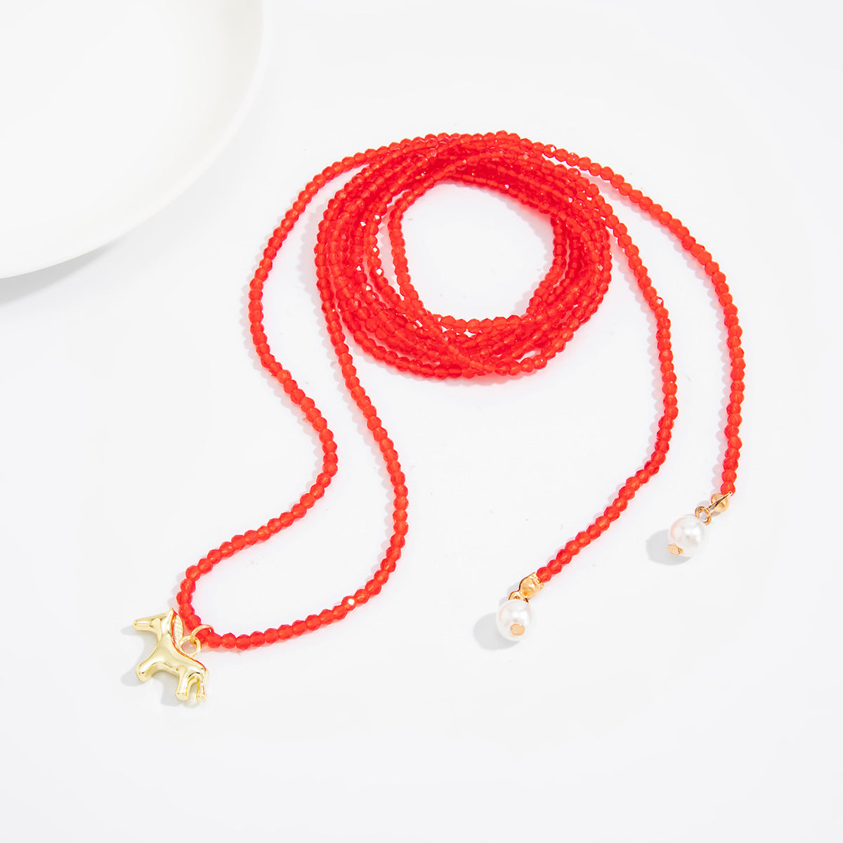 Long Winding Beaded Necklace Pearl Pony Pendant
