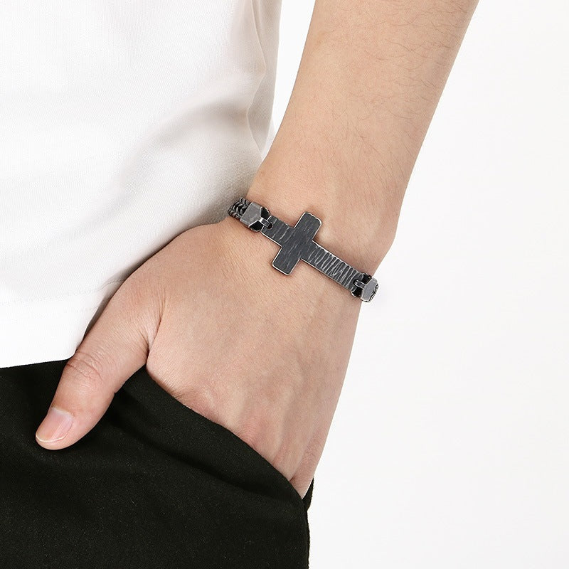 Double-Row Keel Chain Bracelet – Hammer Pattern Texture Bending Brand Cross – Stainless