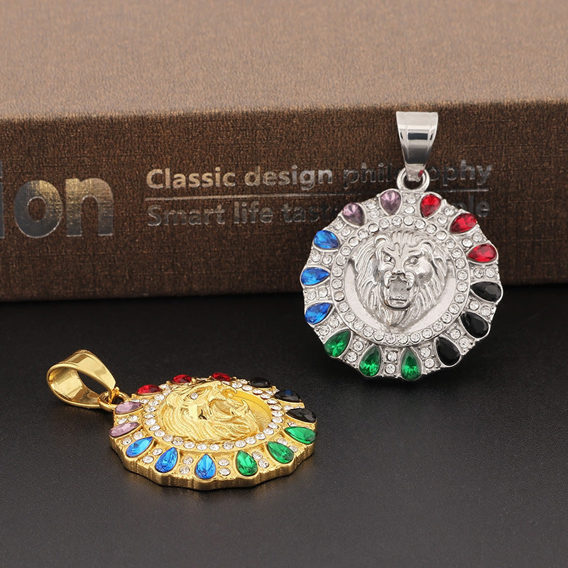 Hip Hop Zircon Lion Head Stainless Steel Pendant for Men - European & American Electroplated Jewelry