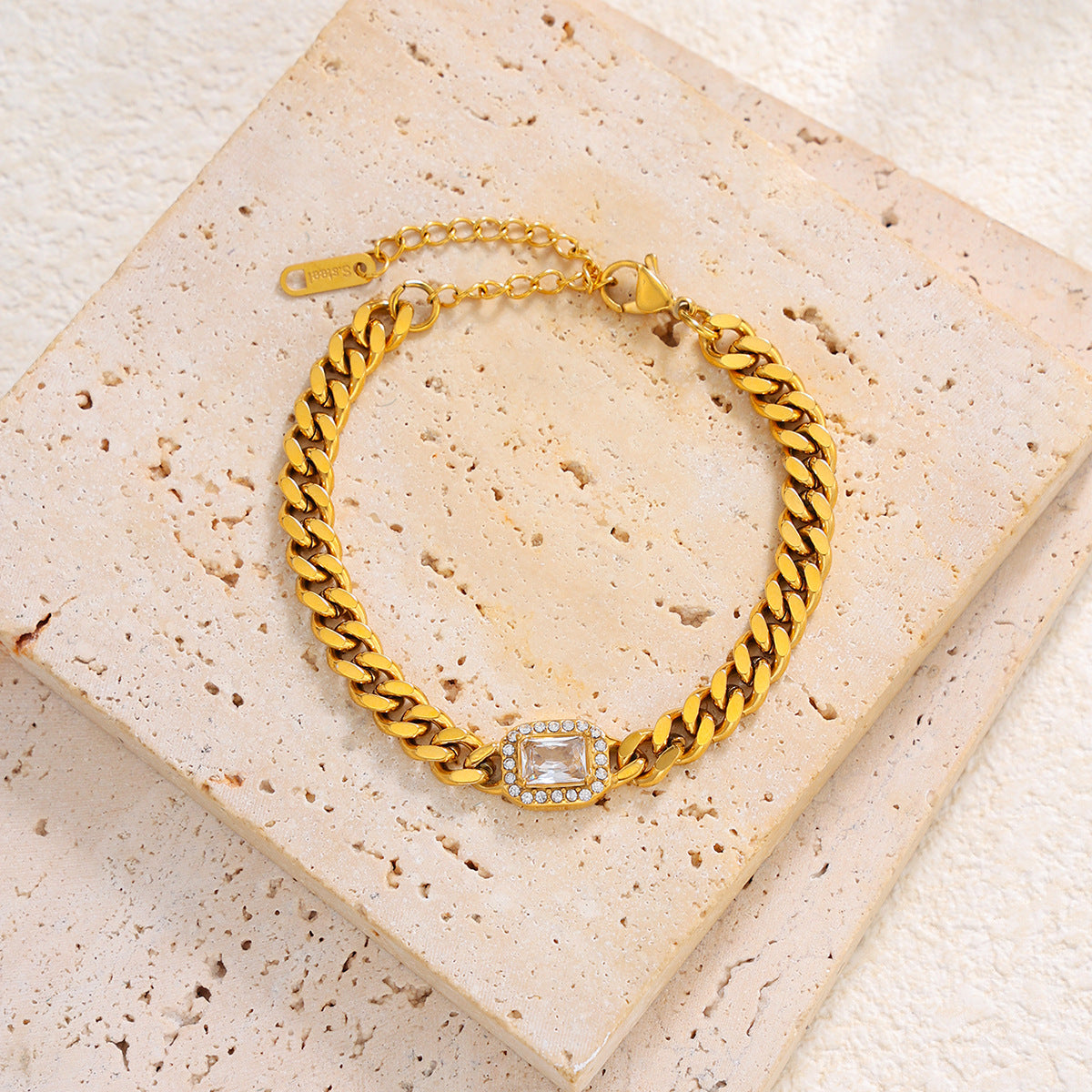 Stainless Steel Vertical Pattern Inlaid Zircon Bracelet Slightly Inlaid Zircon Square Gemstone