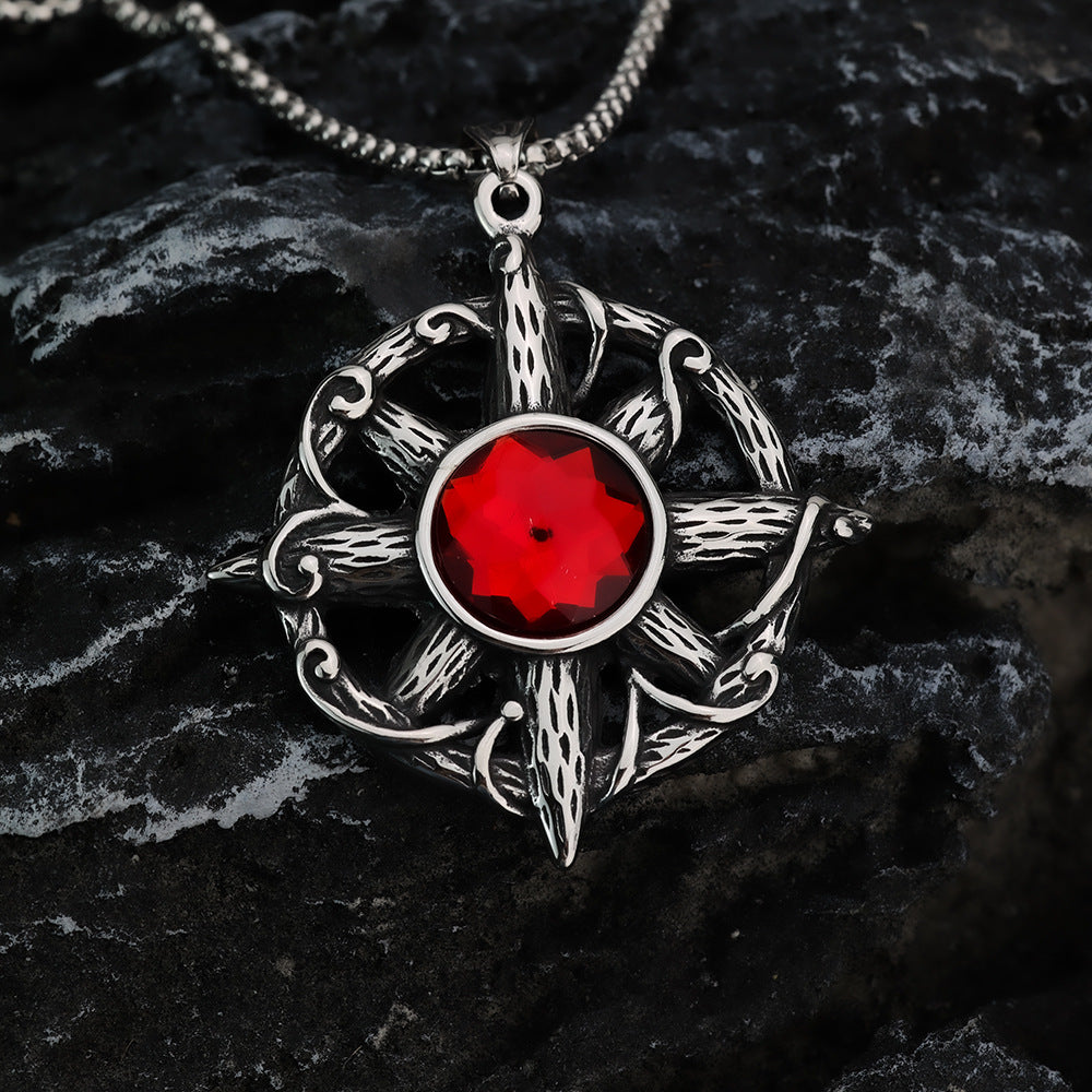 Retro Stainless Steel Men's Pendant Cross with Red Stone