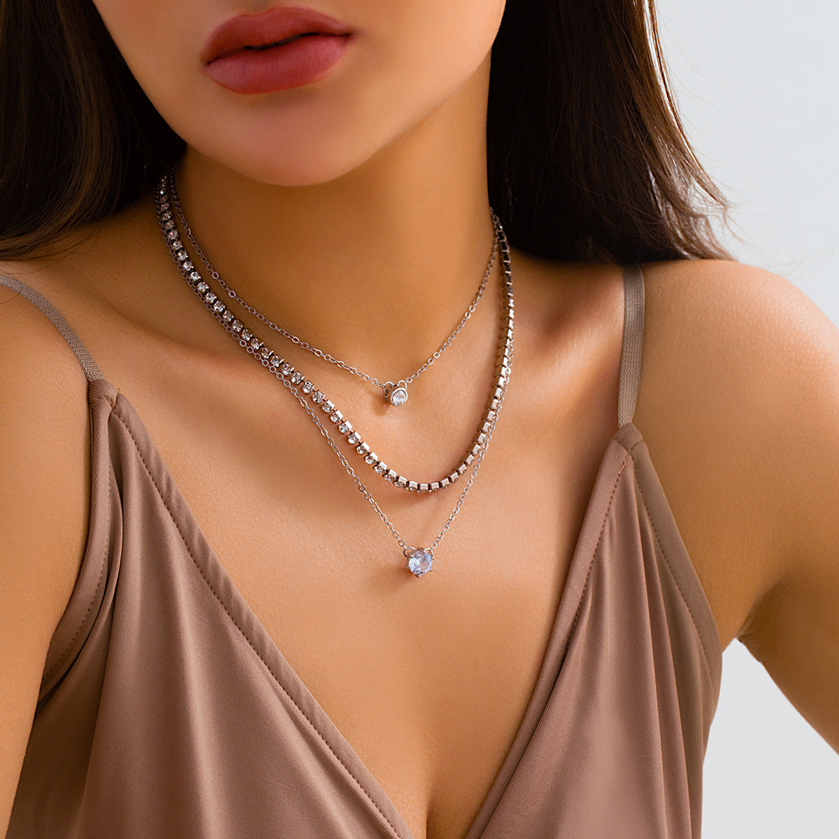Diamond Droplet Layered Necklace for Women with Geometric Chain