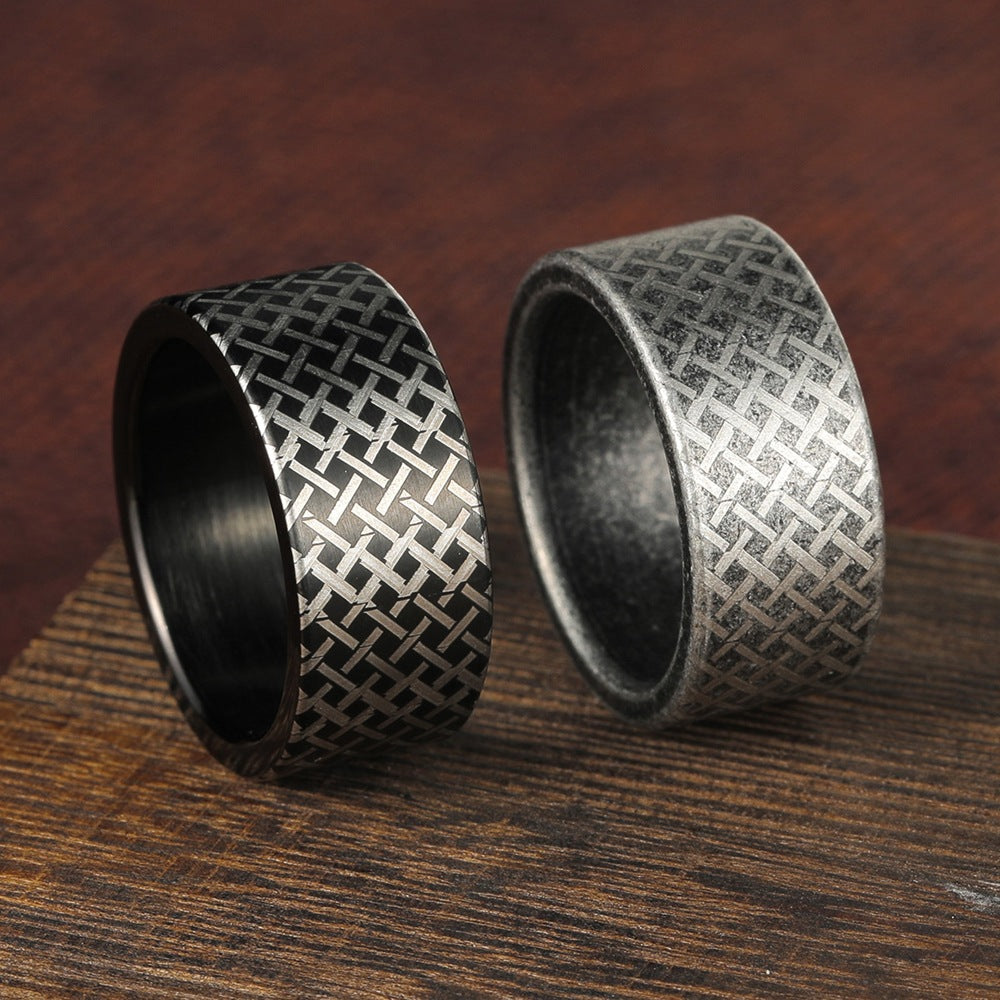 Stainless Steel Men's Ring Planderful Everyday Genie 10mm Grid Line Durable Unisex Statement Jewelry