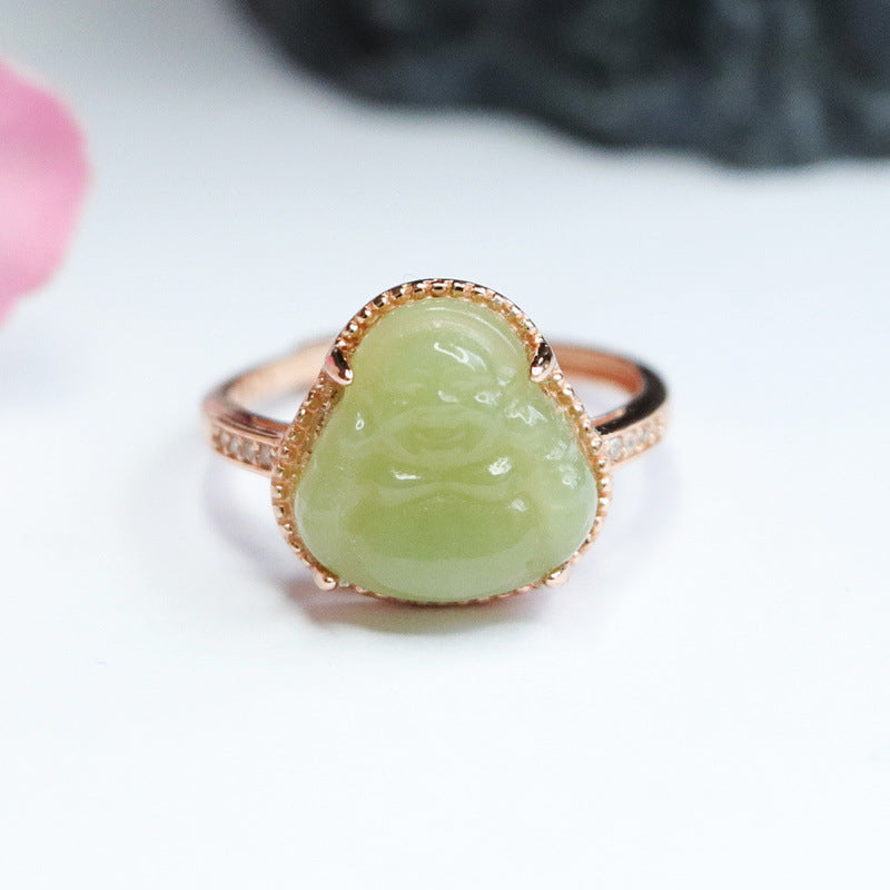925 Sterling Silver Hetian Jade Buddha Ring