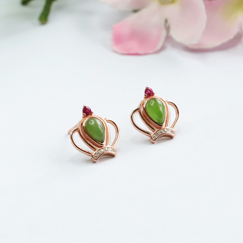 Water Drop Jasper Crown Jade Stud Earrings