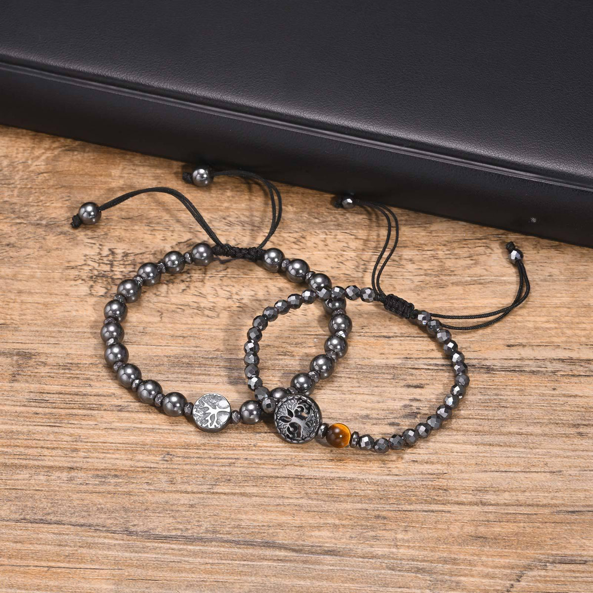 Tree of Life Tiger's Eye Braided Black Stainless Steel Bracelet