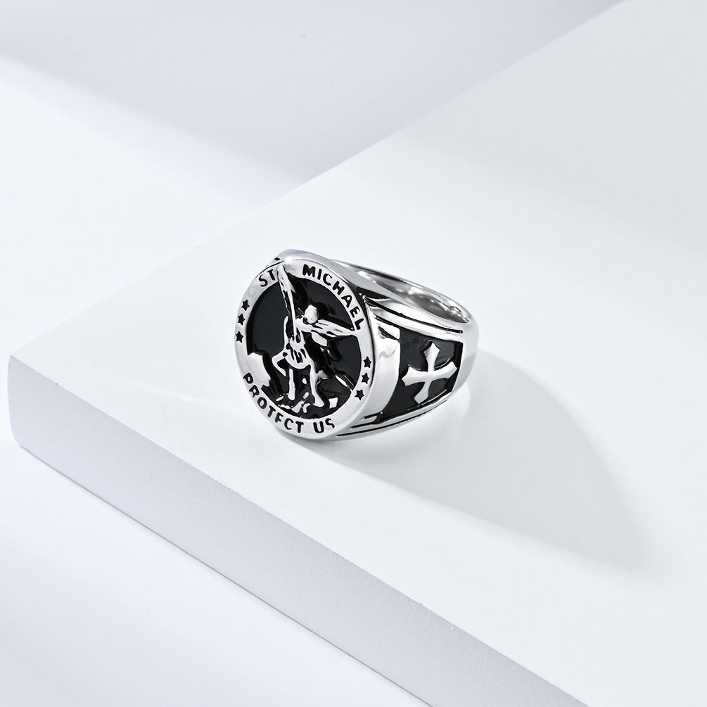 Cross-Border European And American Style Retro St. Michael's Archangel Titanium Steel Ring