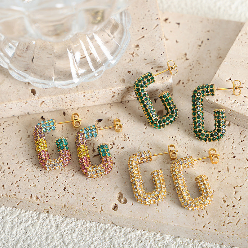 Vibrant Geometric G-Shaped Titanium Steel Earrings with Multi-Color Zircon Inlay