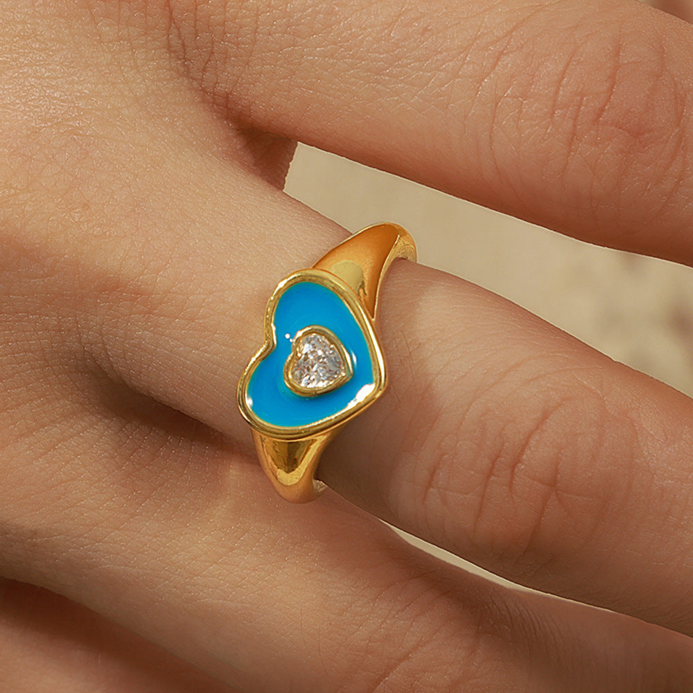 Heart Enamel Zircon Open Ring Jewelry in Copper - Fashionable European and American Design