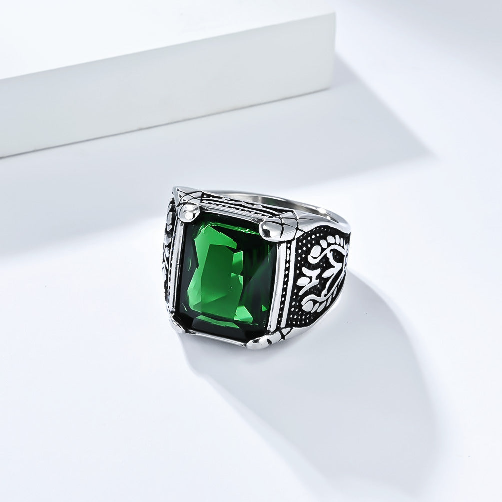 Planderful Men's Titanium Steel Ring With Glass Gem Inlay, European Retro Tulip Design, Bold Fashion Jewelry