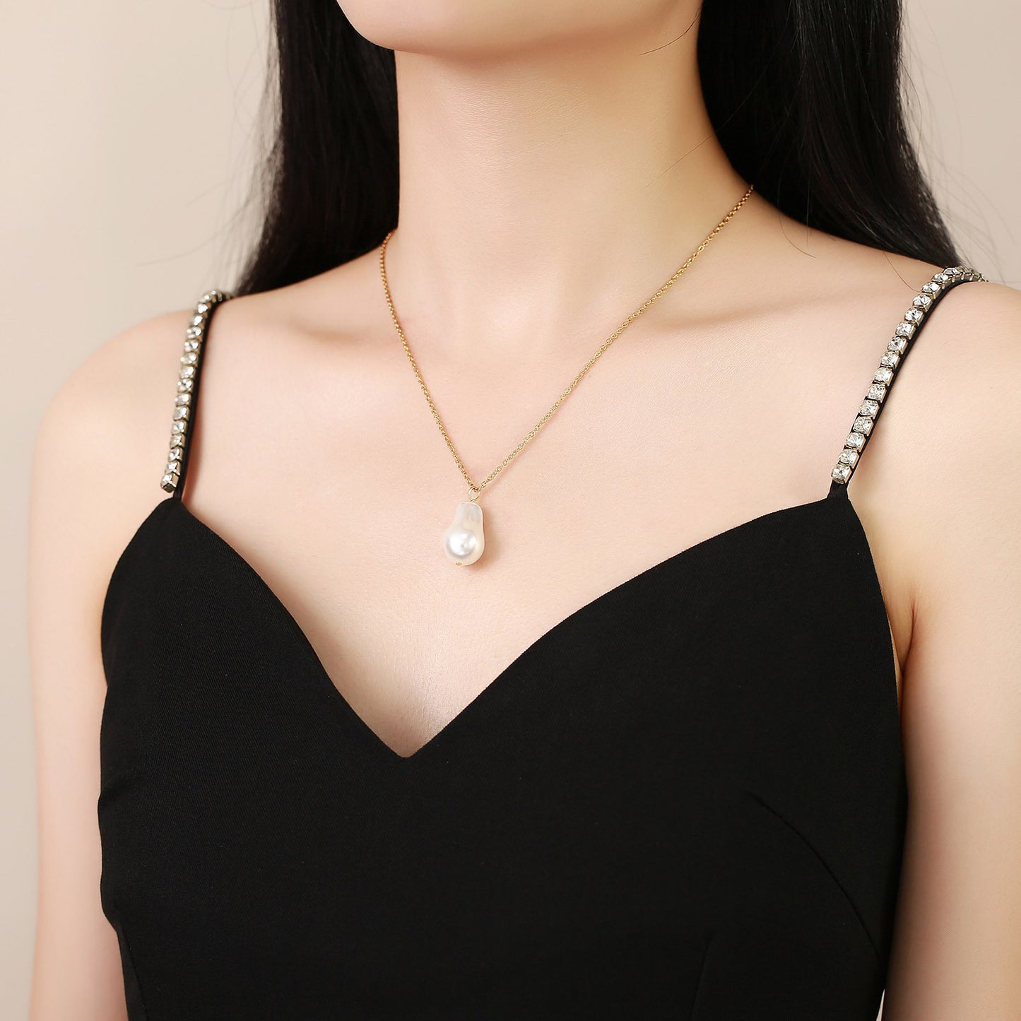 Stainless Steel Baroque Pearl Pendant Necklace and Pearl Gold Earrings