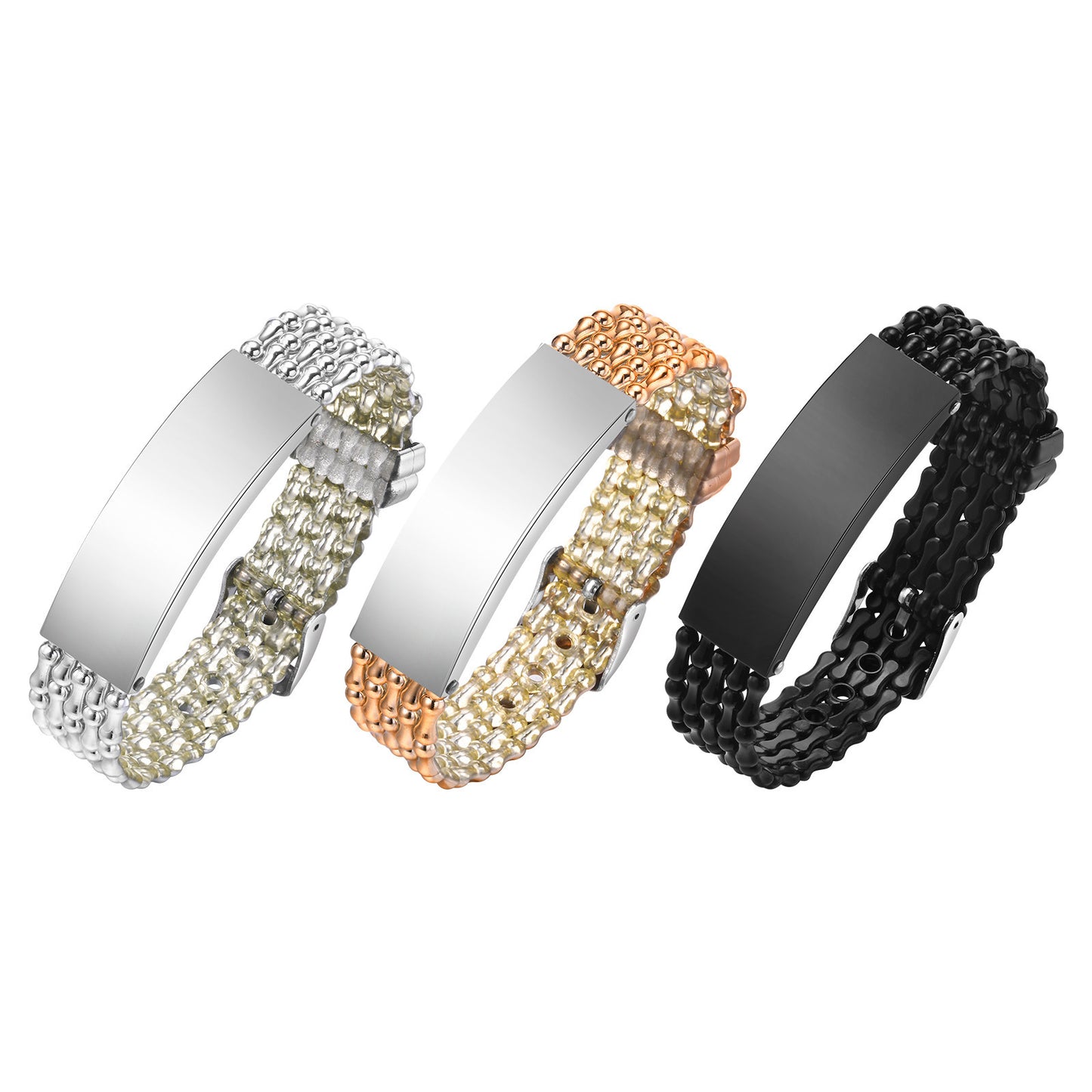 Jewelry Stainless Steel Curved Brand Black PVC Strap Bracelet Universal for Men and Women