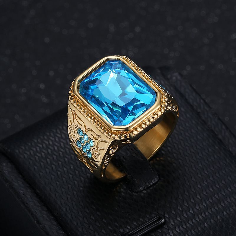 Planderful Hip Hop Ring For Men Gold Plated Titanium Steel Ice Blue Rhinestone Glass Gem Everyday Genie