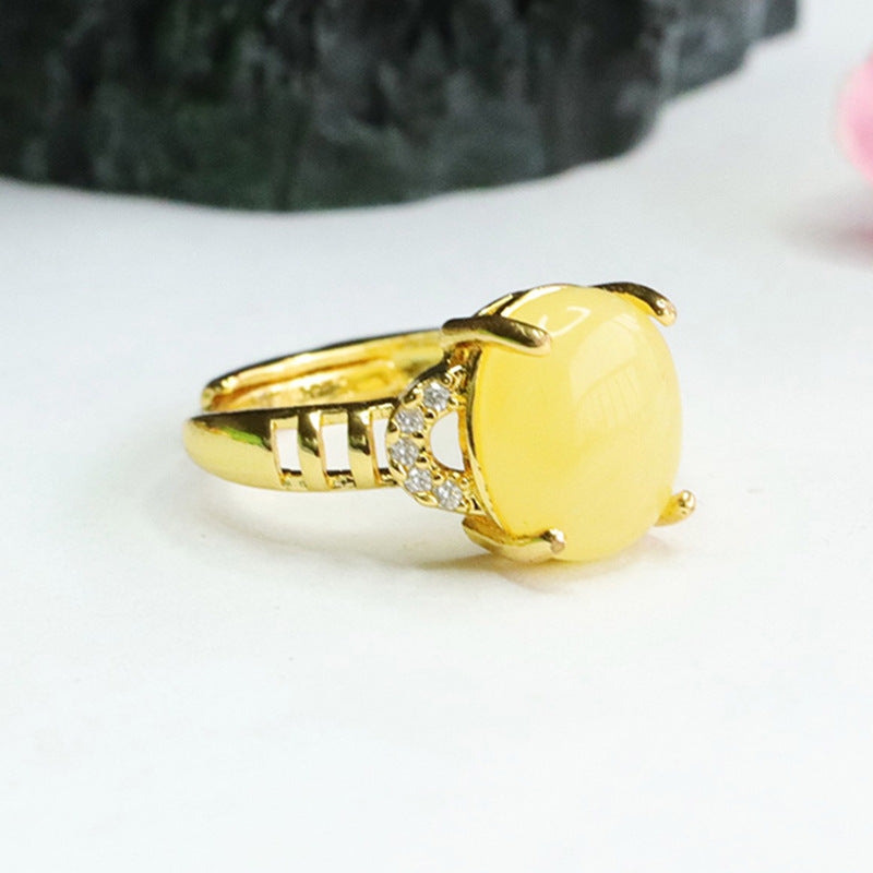 Organic Sterling Silver Beeswax Amber Ring with Zircon Accents in Ethnic Style