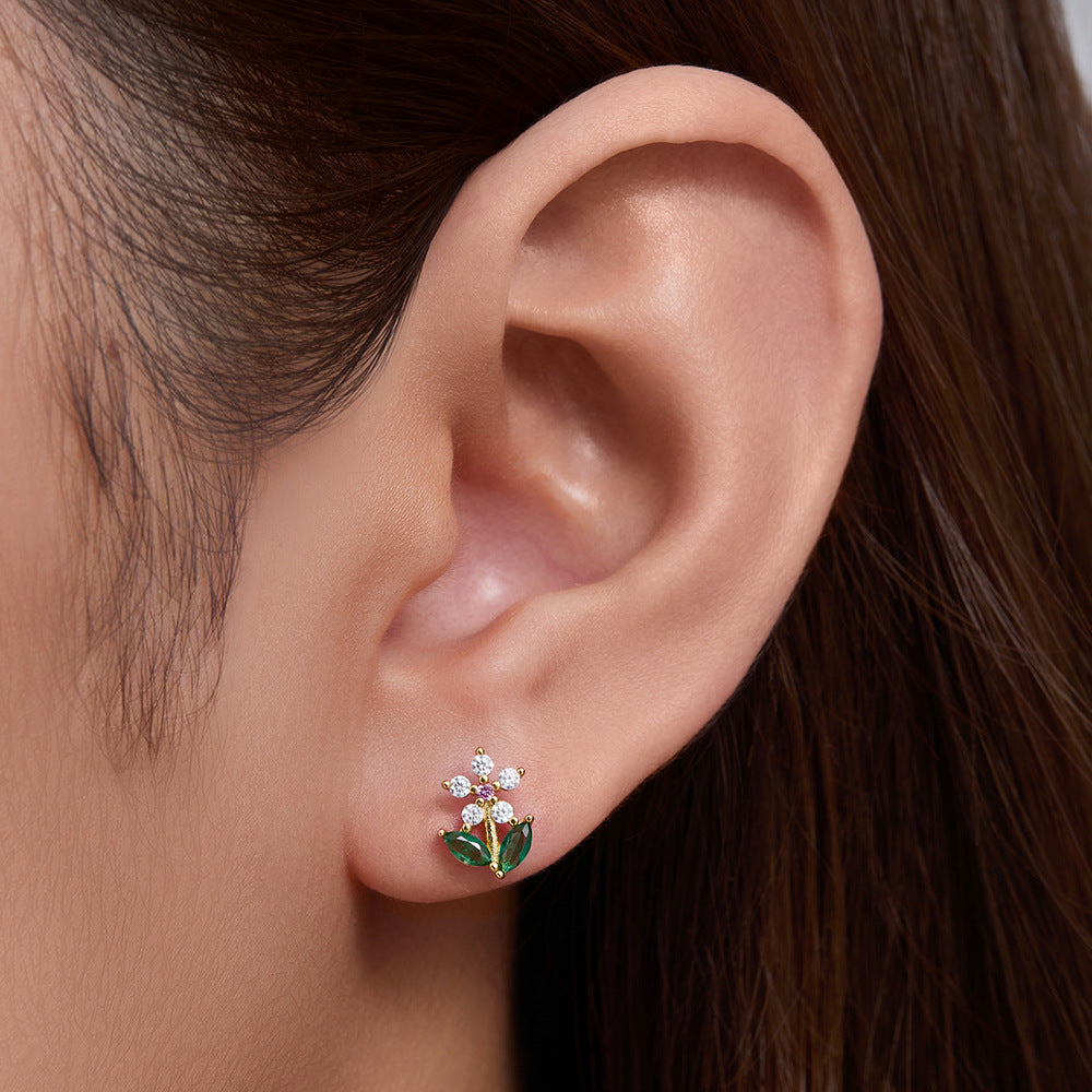 S925 Sterling Silver Zircon Flower Stud Earrings Sweet Mori Earrings
