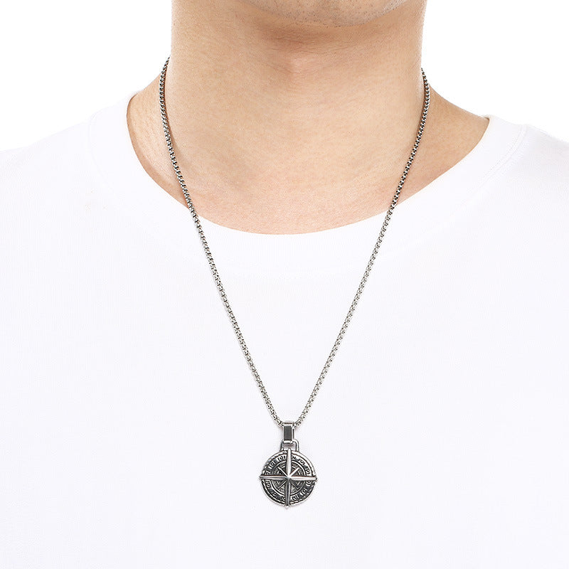 Compass Round, Punk Style Retro Coin Compass Stainless Steel Men's Pendant Necklace
