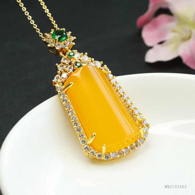 Yellow Chalcedony Trapezoid Peace Plaque Pendant — No Chain