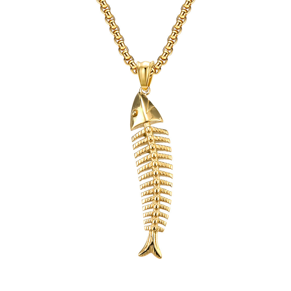 Planderful Fish Bone Necklace Unisex Titanium Steel Pendant Versatile Street Style Hipster Jewelry