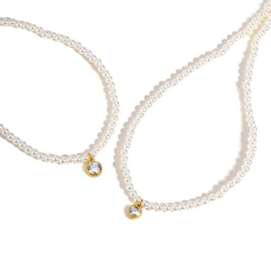 Stainless Steel Round Heart-Shaped Zircon Han Imitation Pearl Beaded Necklace Gold