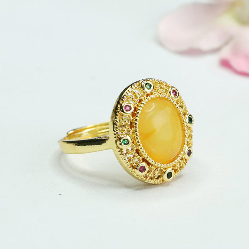 Hollow Honey Amber Zircon Silver Ring with Beehive Charm