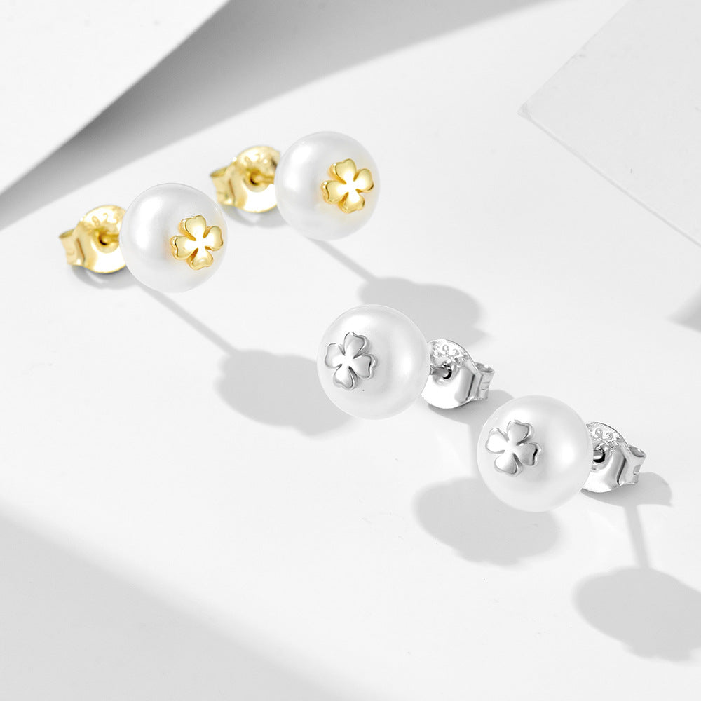 925 Sterling Silver Retro French Natural Pearl Stud Earrings Four-Leaf Clover Earrings And