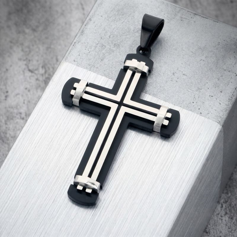 Hip-Hop Style Retro Rock Double-Layer Rivet Splicing Cross Titanium Steel Pendant Men's Color Necklace