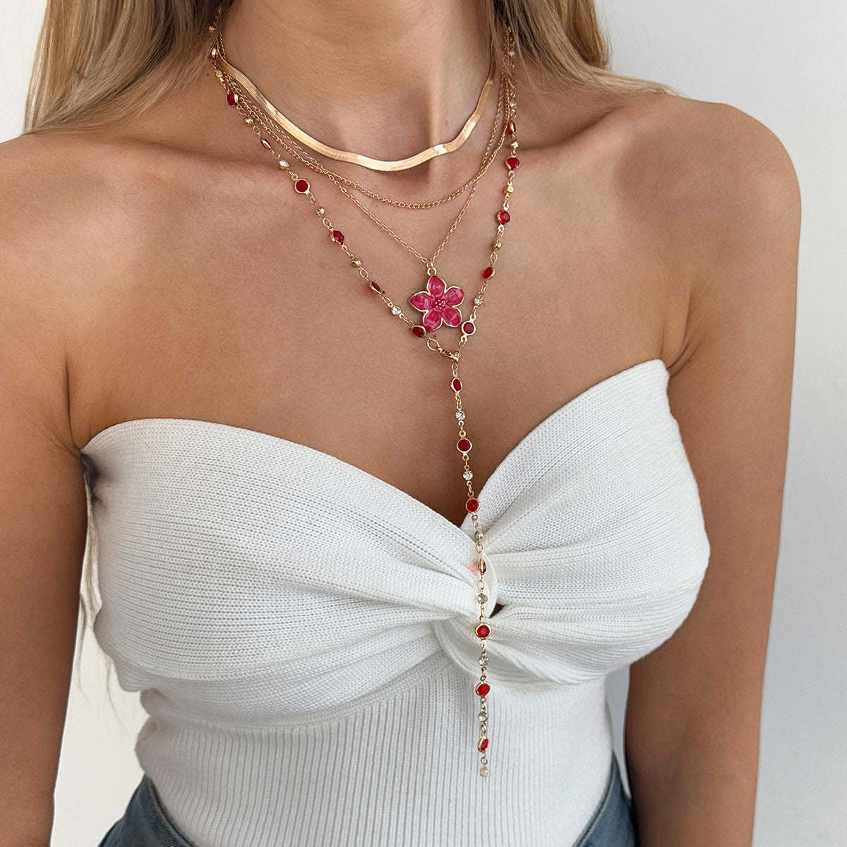 Light Luxury Oil Drip Flower Collarbone Holiday Y-Shaped Colored Zircon Fringed Necklace