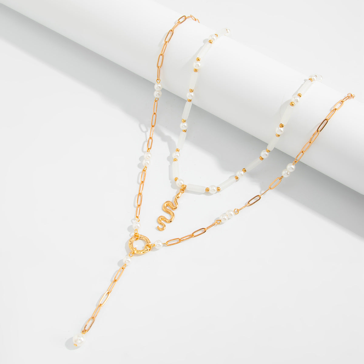 Bamboo Snake & Pearl Cross Y-Necklace