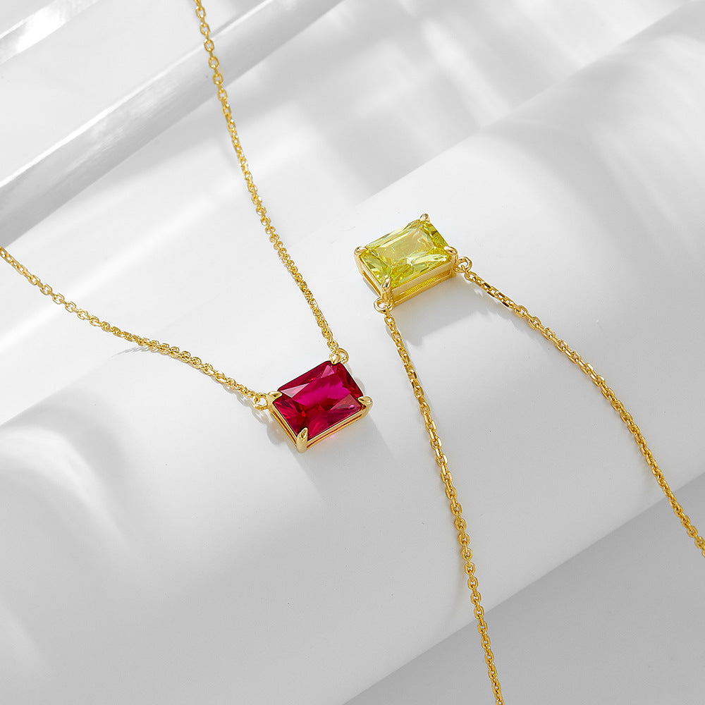 Style Rectangular Zircon Pendant Sterling Silver Necklace High-End Sense