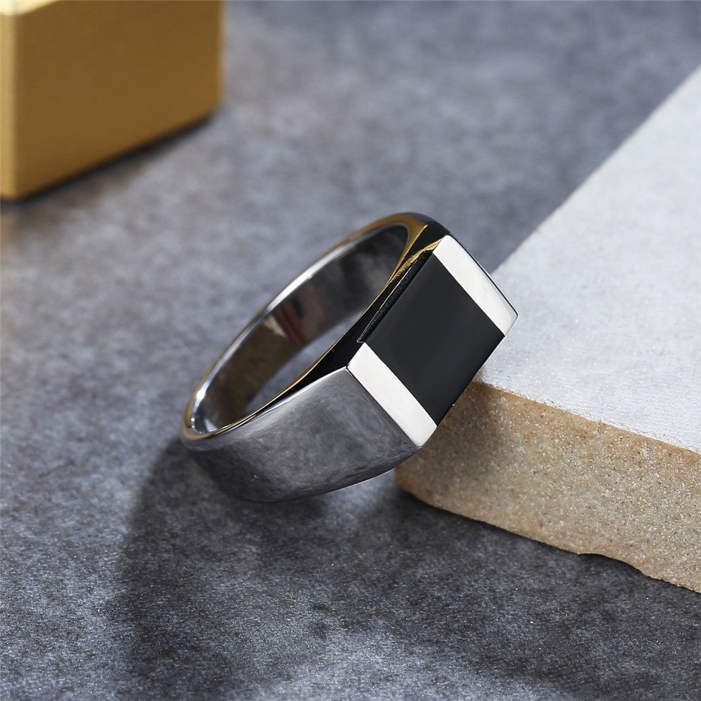 Planderful Black Agate Titanium Steel Ring For Men Unisex European American Style Everyday Genie Protection