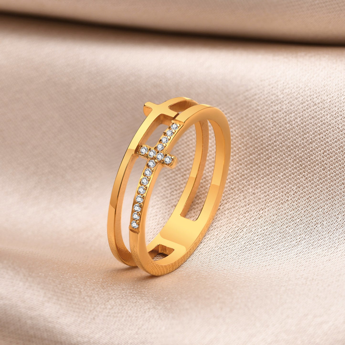 Stainless Steel Zircon Double Cross Ring Gold Women's Fashion