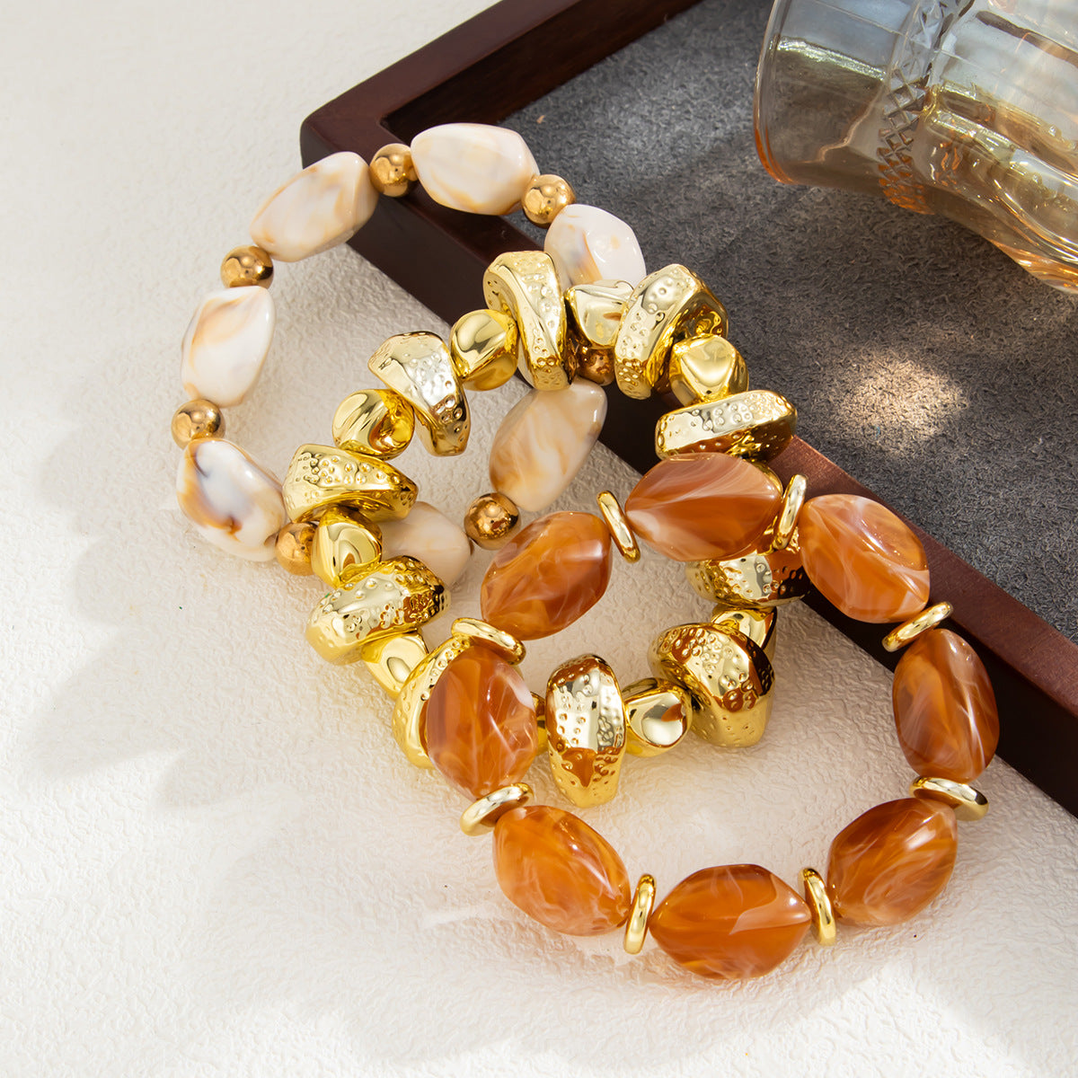 Amber Beaded Stacked Bracelet Knock Pattern Smudge Elastic Bracelet