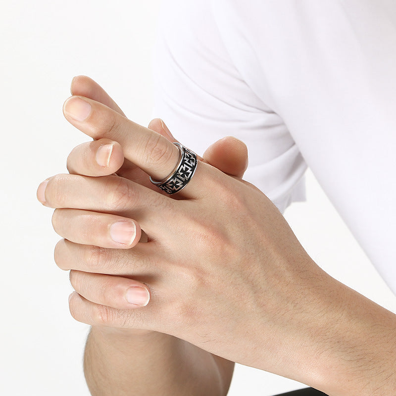 Retro Sun And Moon Tonghui Stainless Steel Ring, Punk Cross Star Moon Stainless