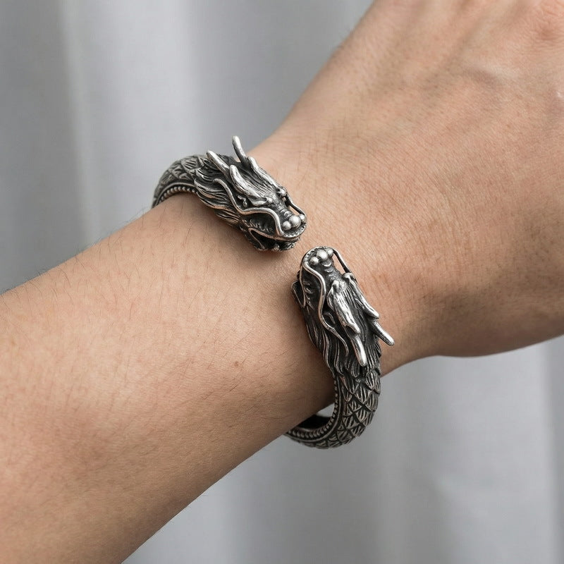 Stainless Steel Dragon Head Open Bracelet – Punk Men's