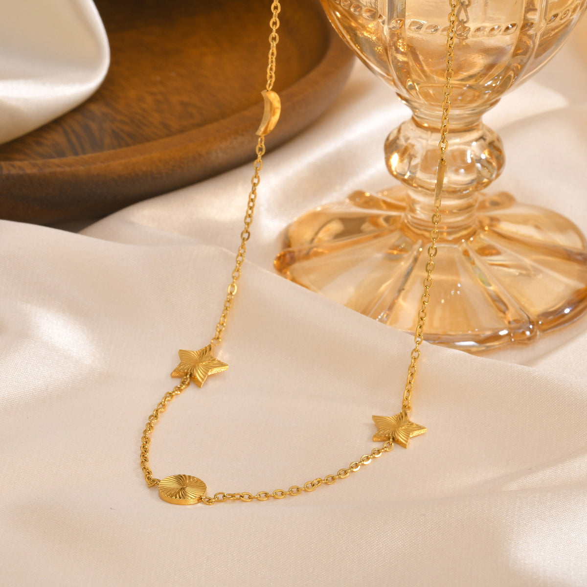 Stainless Steel Sun Moon Stars Geometric Gold Necklace Women