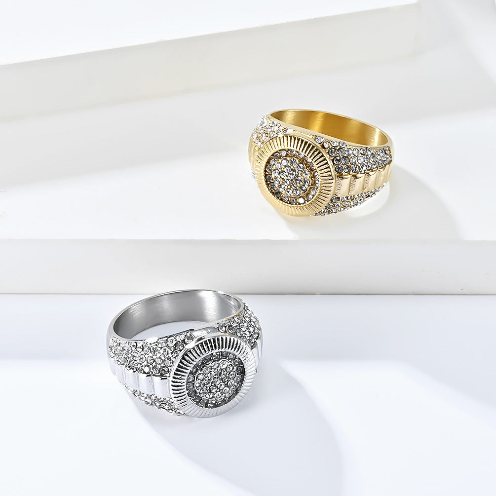Hip-Hop Titanium Steel Ring Plated with 18K Gold for Men